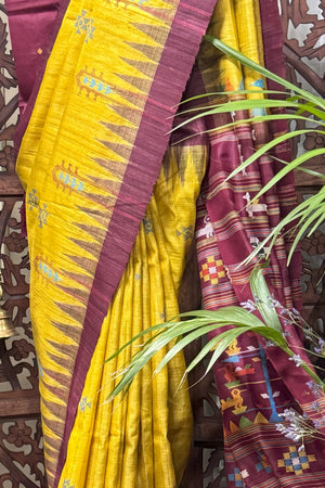 Mustard color raw tussar by tussar saree with Assamese Gamocha design