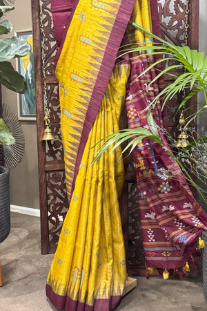 Mustard color raw tussar by tussar saree with Assamese Gamocha design