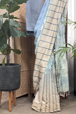 Light Blue and Beige Chanderi Digital Saree with Chanderi Blouse