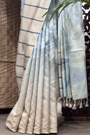 Light Blue and Beige Chanderi Digital Saree with Chanderi Blouse