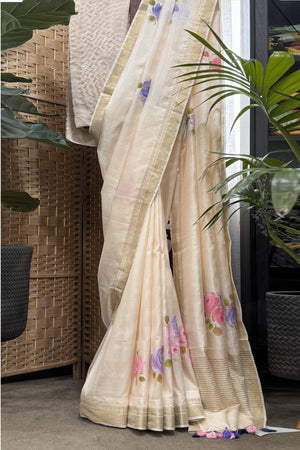 Light Peach Pure Silk, Rose flowers Hand Painted Saree