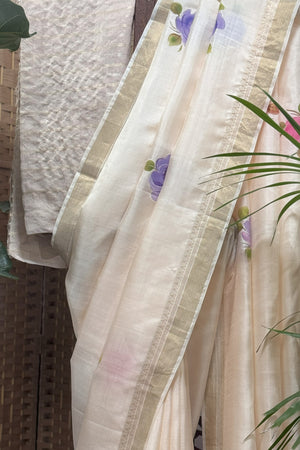 Light Peach Pure Silk, Rose flowers Hand Painted Saree