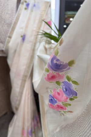 Light Peach Pure Silk, Rose flowers Hand Painted Saree