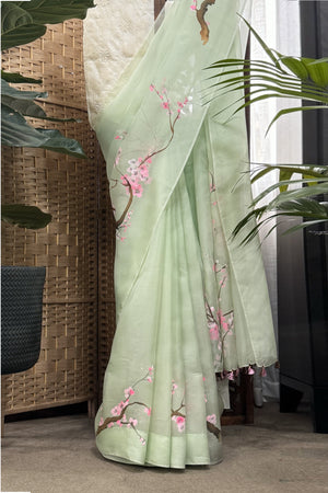 Fluro Green Organza Saree with Hand Painted Cherry Blossoms
