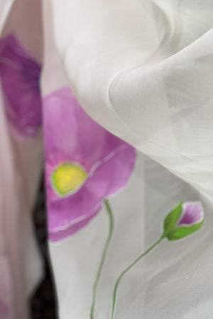 Baby Pink Organza, Purple Poppy Flowers hand Painted saree with Silk Blouse