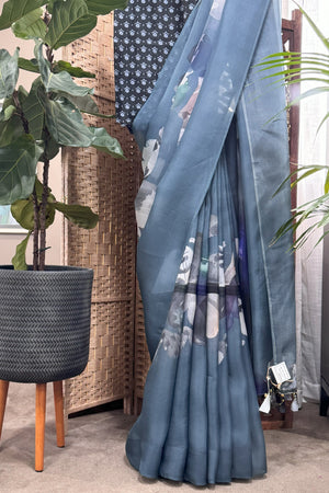 Vayathi exclusive teal grey digital print pure organza sari with printed chanderi blouse