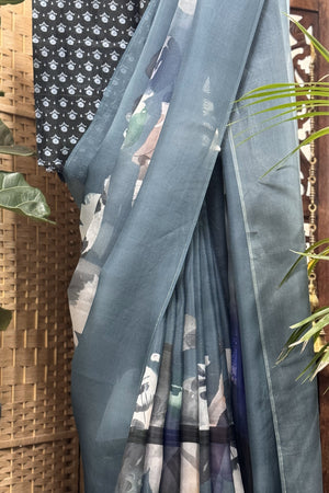 Vayathi exclusive teal grey digital print pure organza sari with printed chanderi blouse
