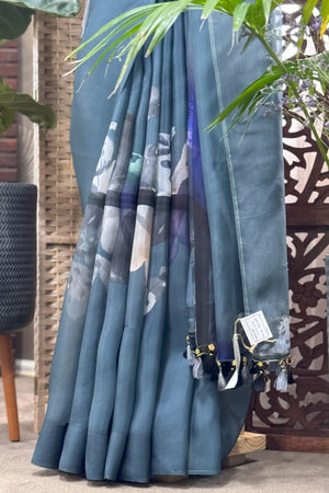 Vayathi exclusive teal grey digital print pure organza sari with printed chanderi blouse