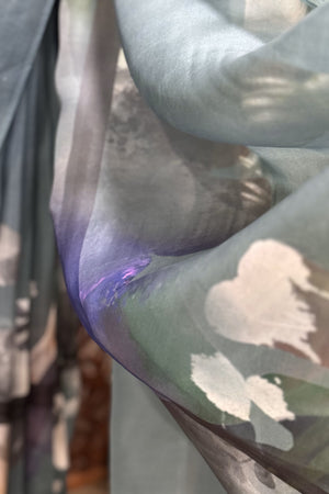 Vayathi exclusive teal grey digital print pure organza sari with printed chanderi blouse