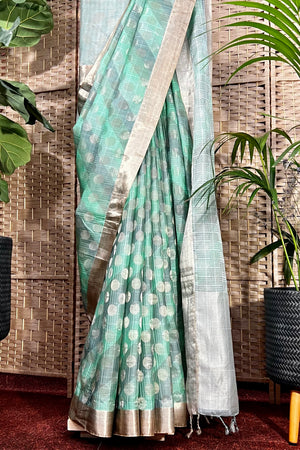 Pastel green and grey Kota silk by Cora saree