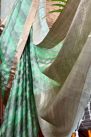 Pastel green and grey Kota silk by Cora saree