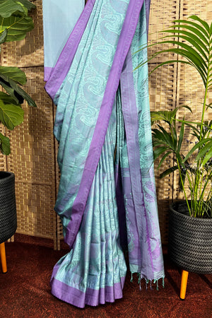 Aqua blue and lavender satin silk saree with Kashmiri design