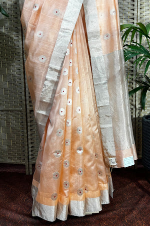Handwoven Peach color pure Chanderi silk with  closely  woven meenakari butis all over saree