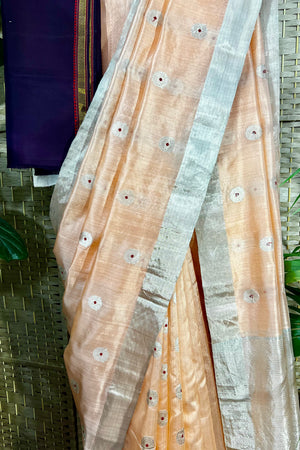 Handwoven Peach color pure Chanderi silk with  closely  woven meenakari butis all over saree