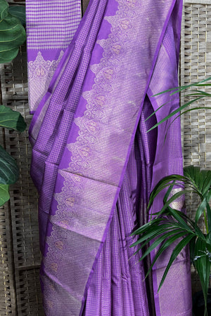 Antique purple handwoven Kanchipuram saree with closely woven zari check all over body