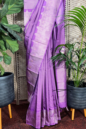 Antique purple handwoven Kanchipuram saree with closely woven zari check all over body