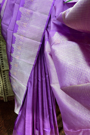 Antique purple handwoven Kanchipuram saree with closely woven zari check all over body