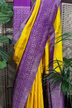 Mustard color handwoven Kanchipuram bridal wear saree