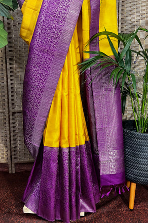 Mustard color handwoven Kanchipuram bridal wear saree