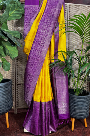 Mustard color handwoven Kanchipuram bridal wear saree