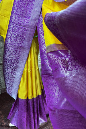 Mustard color handwoven Kanchipuram bridal wear saree