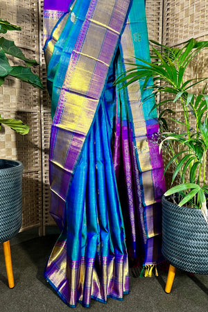 Green-Blue Vairaoosi (Diamond Needle) handwoven pure Kanchipuram Silk saree with wide border