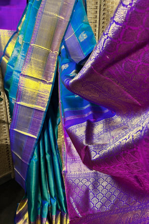 Green-Blue Vairaoosi (Diamond Needle) handwoven pure Kanchipuram Silk saree with wide border