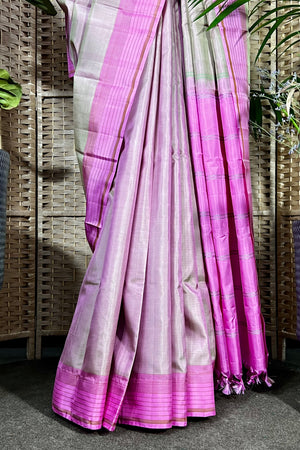 Dual shade Light Beige &  Light Pink handwoven Kanchipuram saree with pink striped border