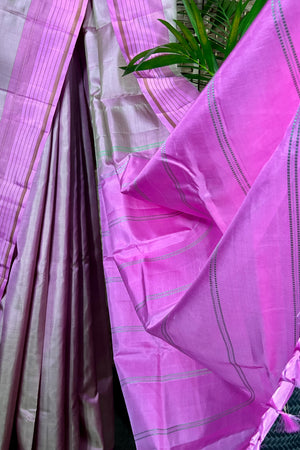 Dual shade Light Beige &  Light Pink handwoven Kanchipuram saree with pink striped border