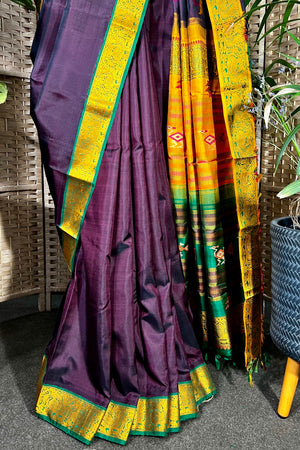 Deep Red-Wine handwoven Kanchipuram Silk saree with unique Assami design