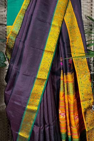 Deep Red-Wine handwoven Kanchipuram Silk saree with unique Assami design