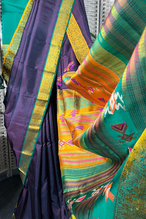 Deep Red-Wine handwoven Kanchipuram Silk saree with unique Assami design