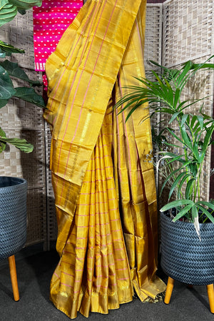Mustard handwoven Kanchipuram Veldhari Silk saree