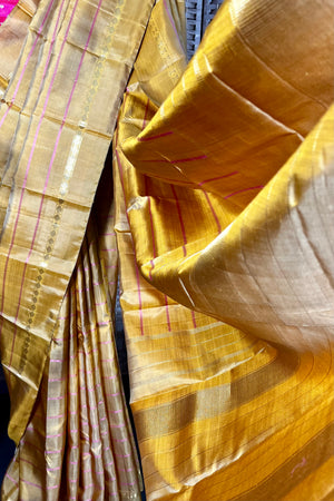 Mustard handwoven Kanchipuram Veldhari Silk saree