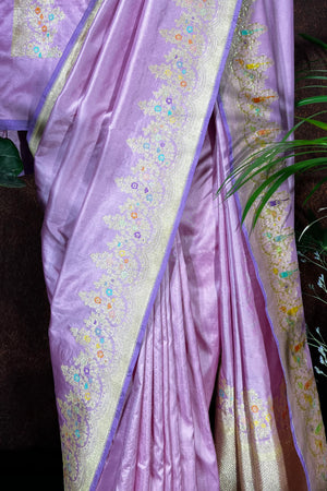 Handwoven Mauve Banarasi katan silk saree with meenakari zari border
