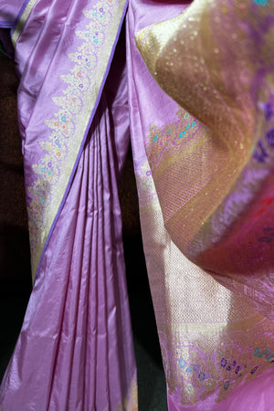 Handwoven Mauve Banarasi katan silk saree with meenakari zari border