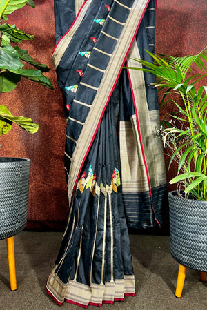 Black Banaras Saree with Meherab and Peacocks Border