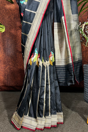 Black Banaras Saree with Meherab and Peacocks Border