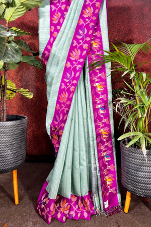 Pista Green Jute Silk Saree with Jamdani Silk Border