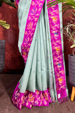 Pista Green Jute Silk Saree with Jamdani Silk Border