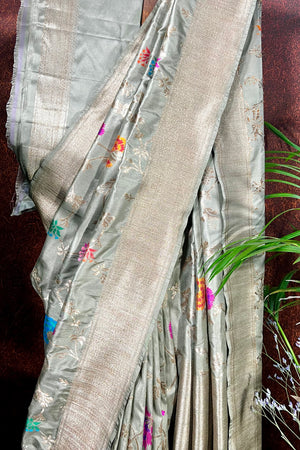 Taupe Grey Handwoven Banarasi katan silk saree with all over Jaal design on body