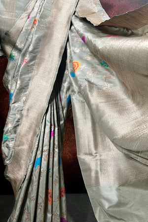 Taupe Grey Handwoven Banarasi katan silk saree with all over Jaal design on body
