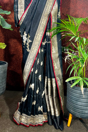 Black Jangla Handwoven Pure Katan Silk Banarasi Saree