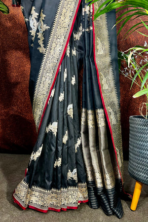 Black Jangla Handwoven Pure Katan Silk Banarasi Saree