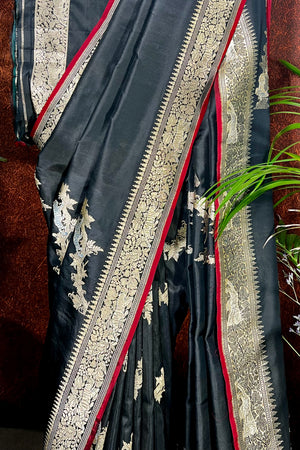 Black Jangla Handwoven Pure Katan Silk Banarasi Saree