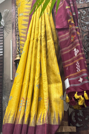 Mustard color raw tussar by tussar saree with Assamese Gamocha design