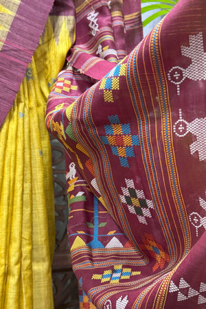 Mustard color raw tussar by tussar saree with Assamese Gamocha design