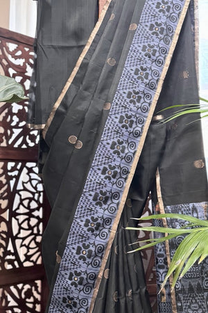 Black color body, Zari round buta, bluish color woven border and Pallu with gold Selvedge Soft Silk saree