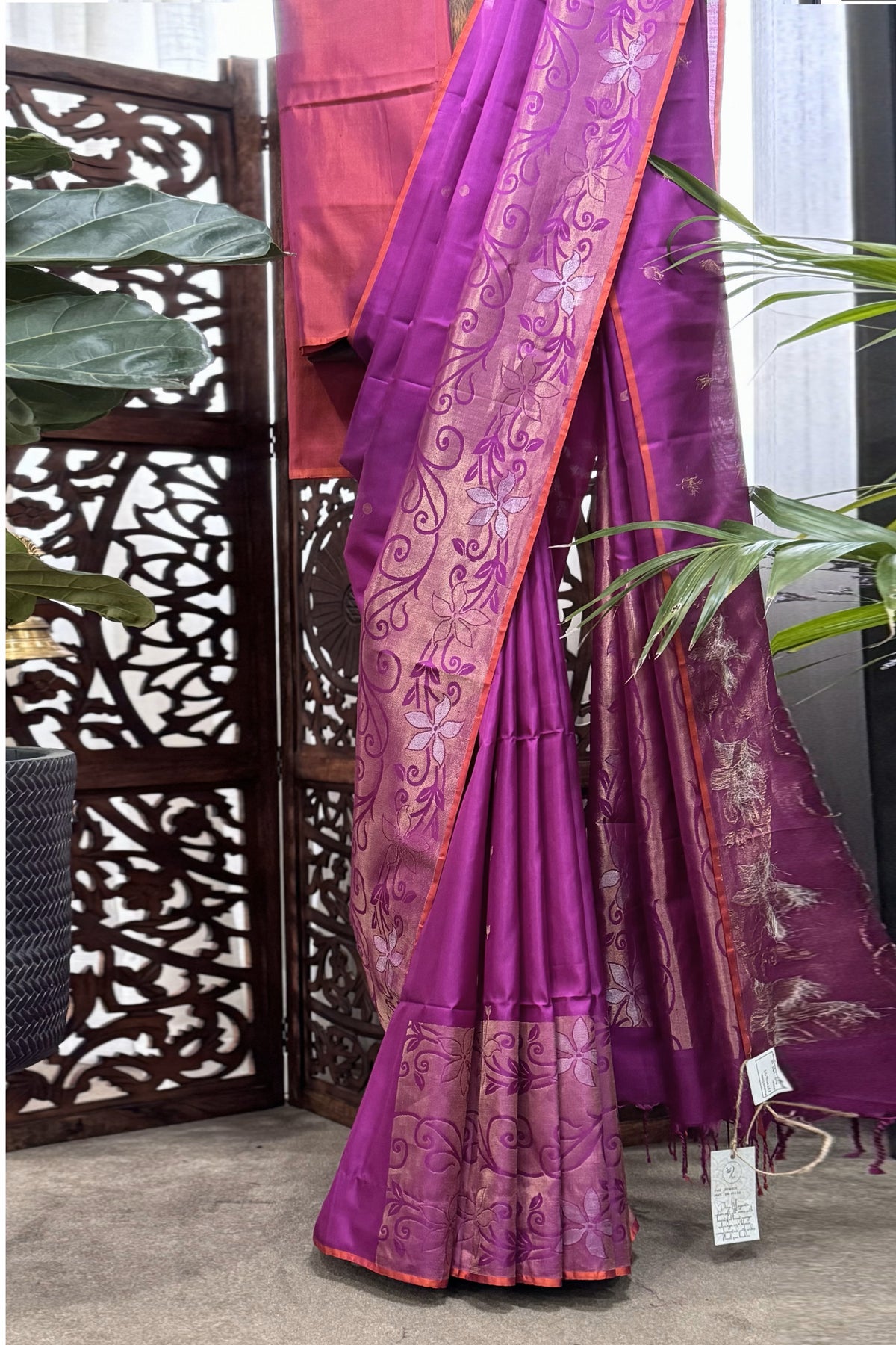 Deep Magenta color soft silk saree with beautiful burnt orange selvedge