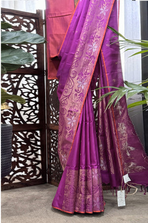 Deep Magenta color soft silk saree with beautiful burnt orange selvedge